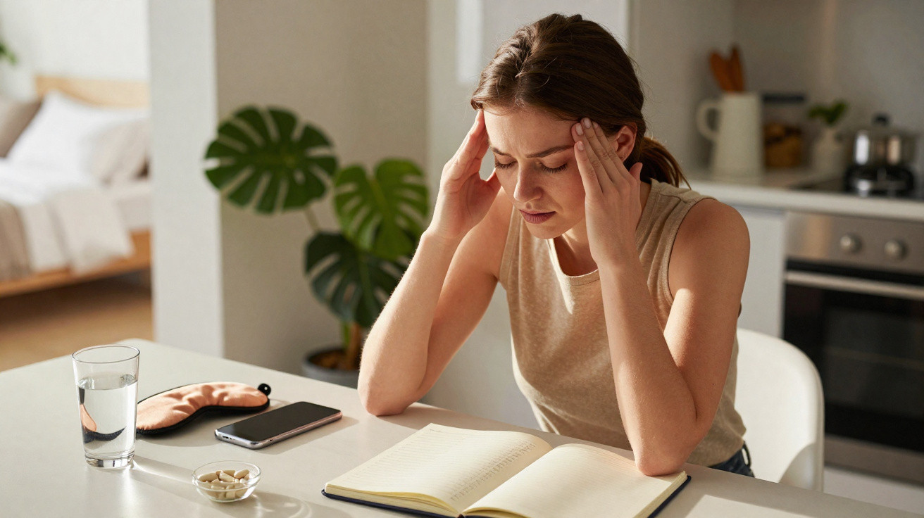 Mulher com expressão de dor de cabeça sentada à mesa com caderno, comprimidos e copo de água.