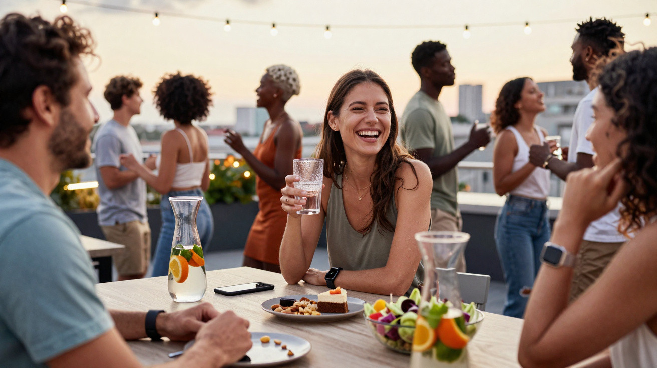 Jovens a conversar e rir numa festa ao ar livre com comida e bebidas na mesa ao pôr do sol.