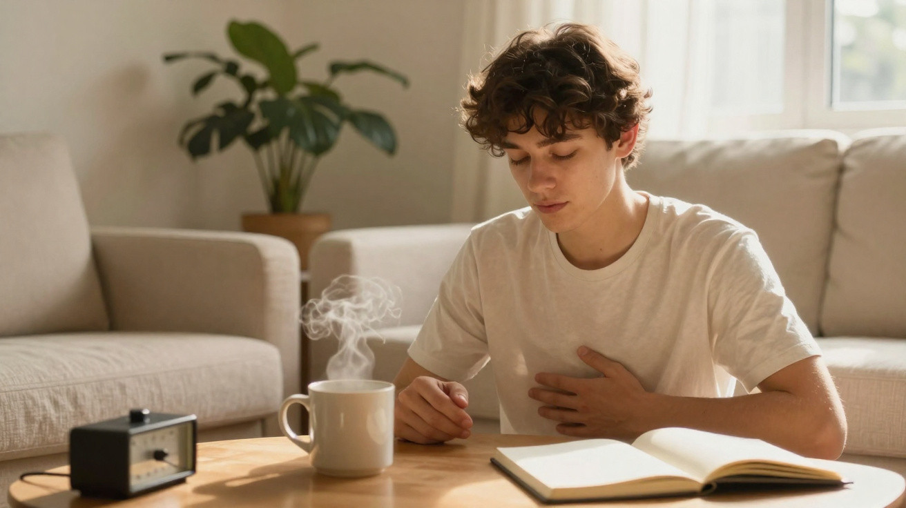 Jovem sentado numa sala, lendo um livro com uma chávena de bebida quente à sua frente.