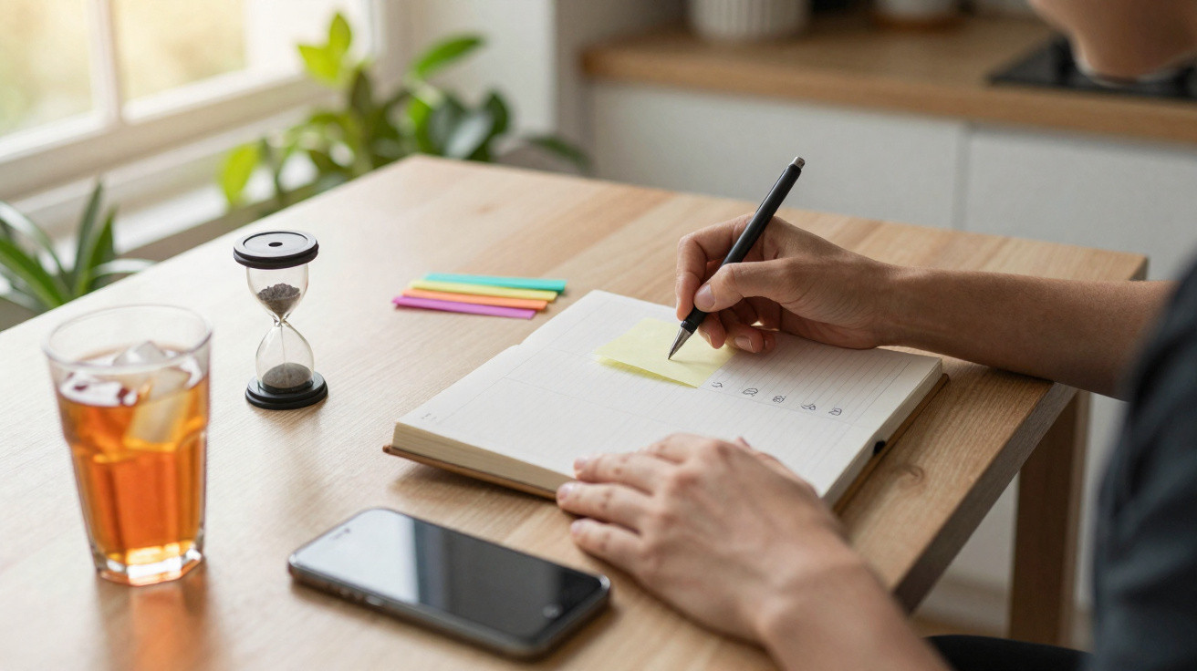 Pessoa a escrever numa lista num caderno numa mesa com um telemóvel, copo de chá e ampulheta.