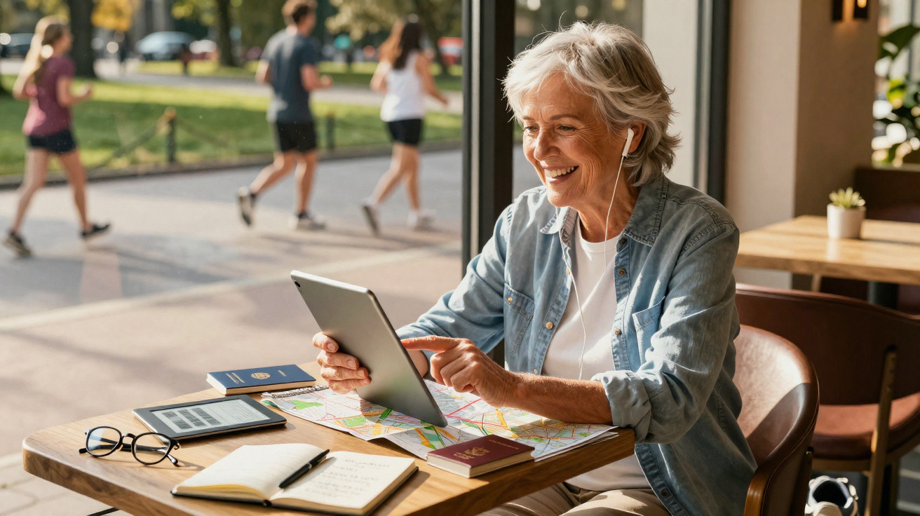 Mulher idosa com auriculares usa tablet sentada numa mesa com mapas e passaportes numa cafetaria.