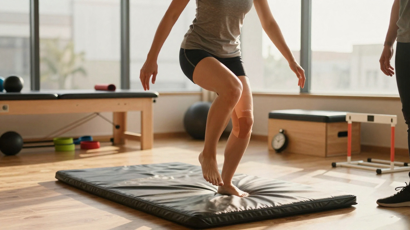 Pessoa com joelho enfaixado a fazer exercício de equilíbrio numa almofada preta numa sala de fisioterapia.