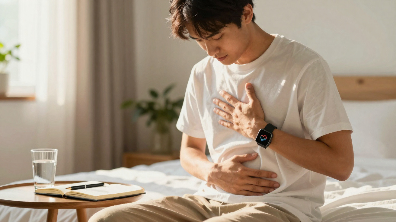 Homem sentado na cama com dor no peito e estômago, a usar relógio inteligente, num quarto com luz natural.
