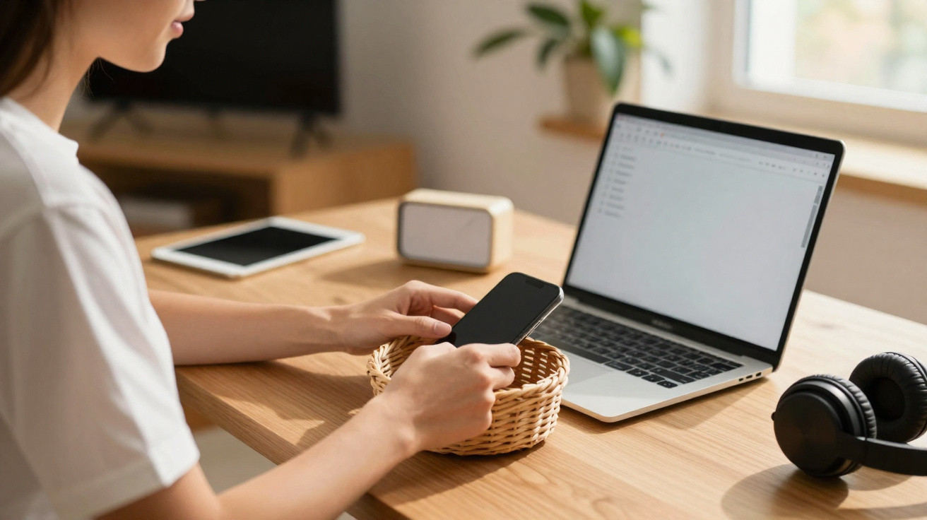 Pessoa a usar smartphone sentada à mesa com computador portátil, auscultadores e tablet num ambiente iluminado.