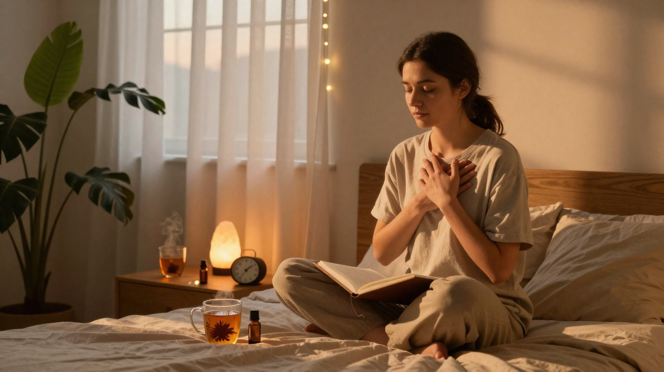 Mulher sentada na cama com livro, em ambiente calmo e luz quente, praticando meditação ou relaxamento.