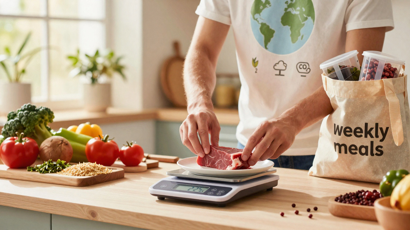 Pessoa a pesar um pedaço de carne numa balança digital numa cozinha com legumes frescos e sacola reciclável.