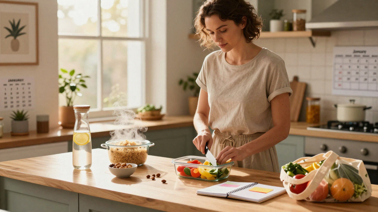 Mulher a preparar salada na cozinha com legumes frescos e outros alimentos numa bancada iluminada.