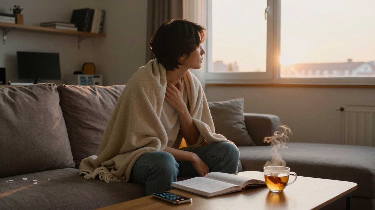 Pessoa com manta sentada no sofá a olhar pela janela, com chá e livro numa mesa à frente.