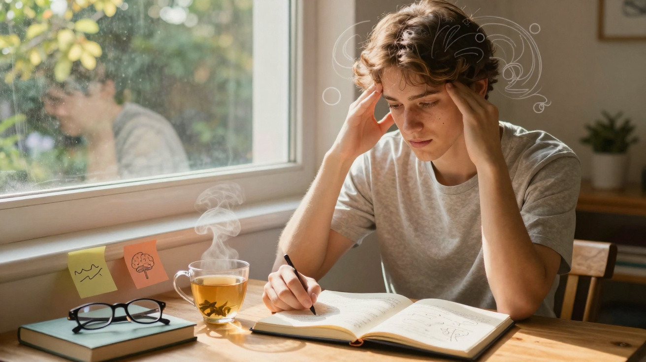 Jovem sentado à mesa a estudar, tocando a cabeça com expressão concentrada, com chá e notas à frente.