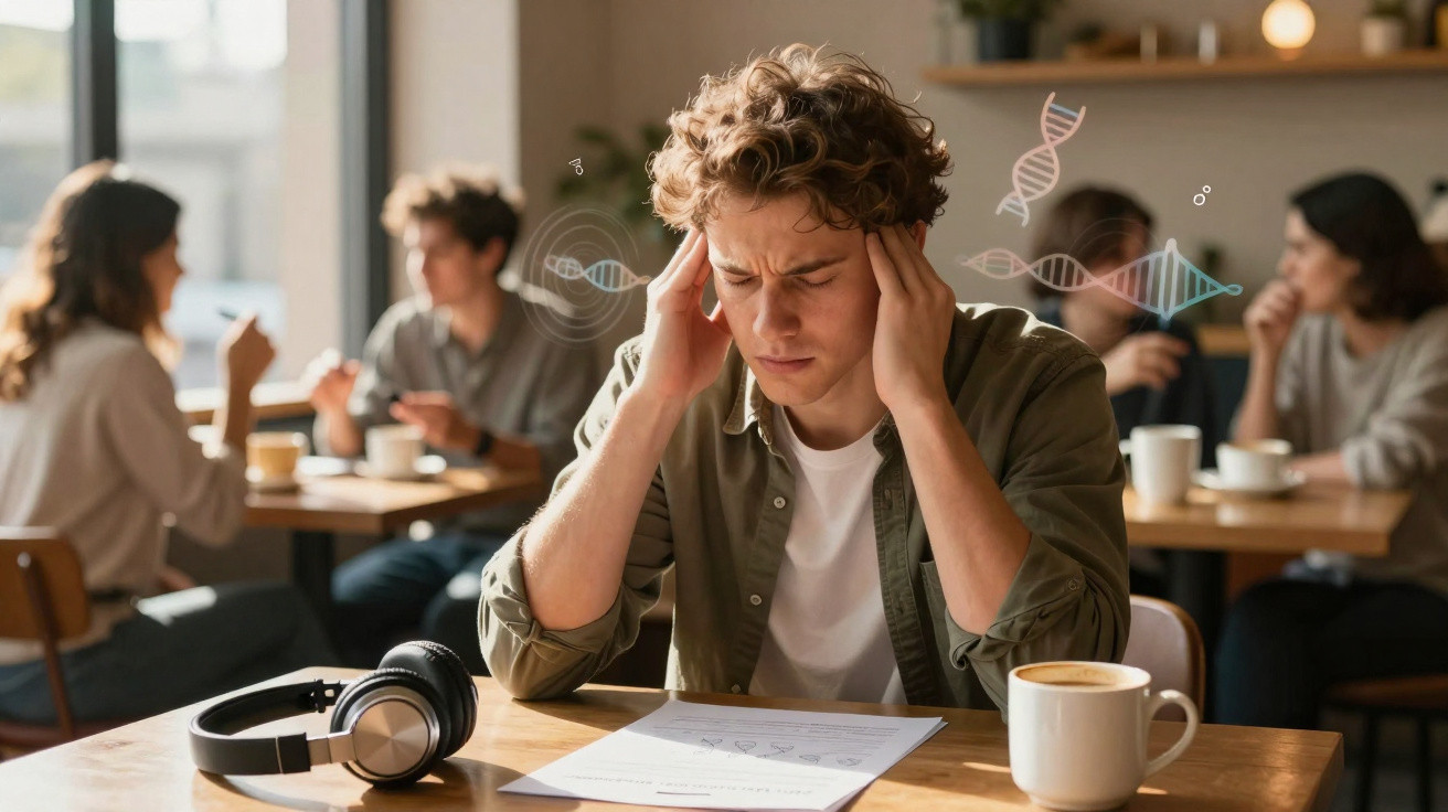 Jovem numa cafetaria com expressão de dor de cabeça, mãos na cabeça, à frente um papel e uma chávena de café.