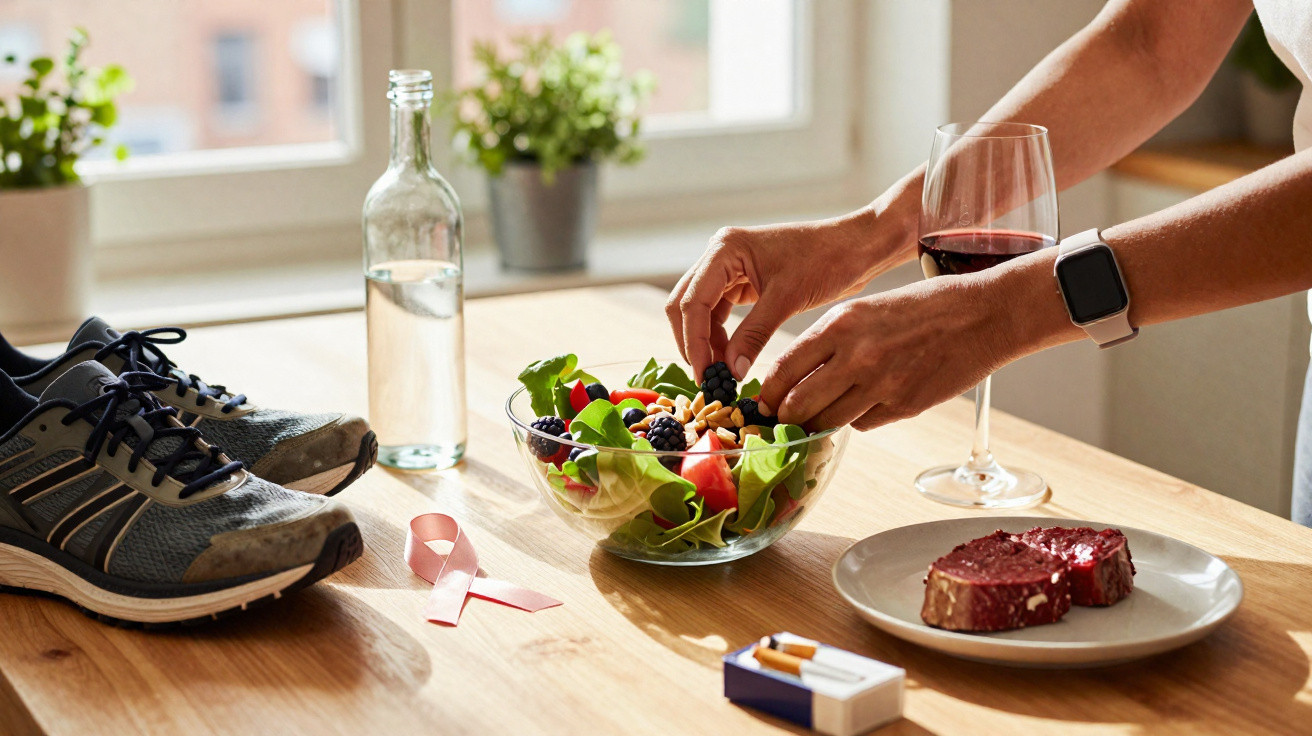 Mãos a preparar salada com frutas e frutos secos numa mesa com ténis, água, fita rosa, vinho e pão com geleia.