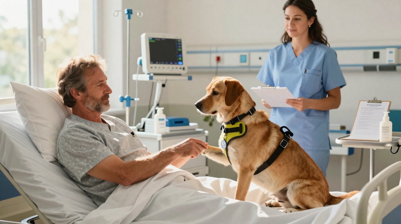 Homem hospitalizado a dar a pata a cão terapêutico enquanto enfermeira observa e aponta informações.