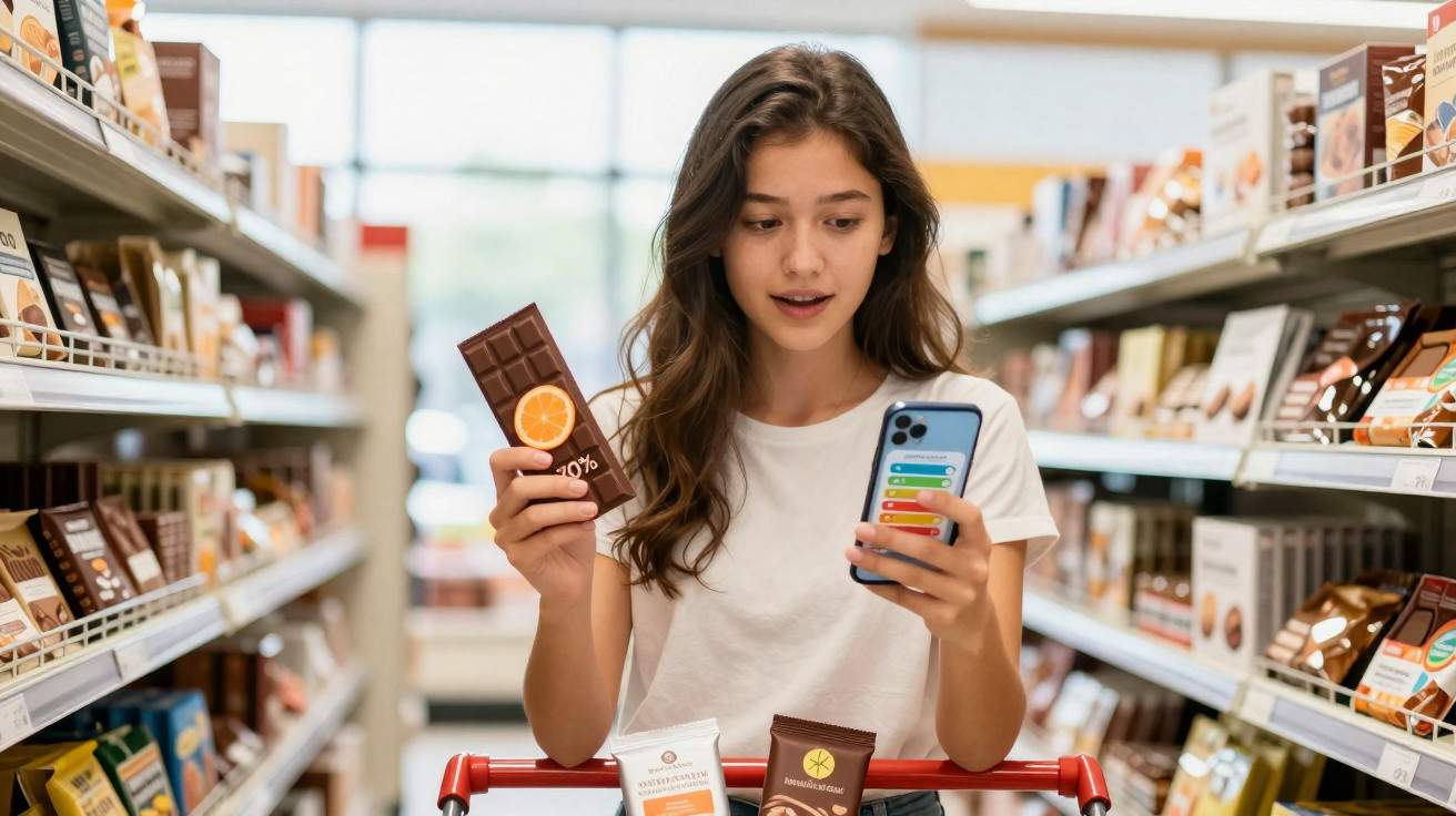 Jovem a fazer comparações de produtos numa barra de chocolate usando smartphone no supermercado.