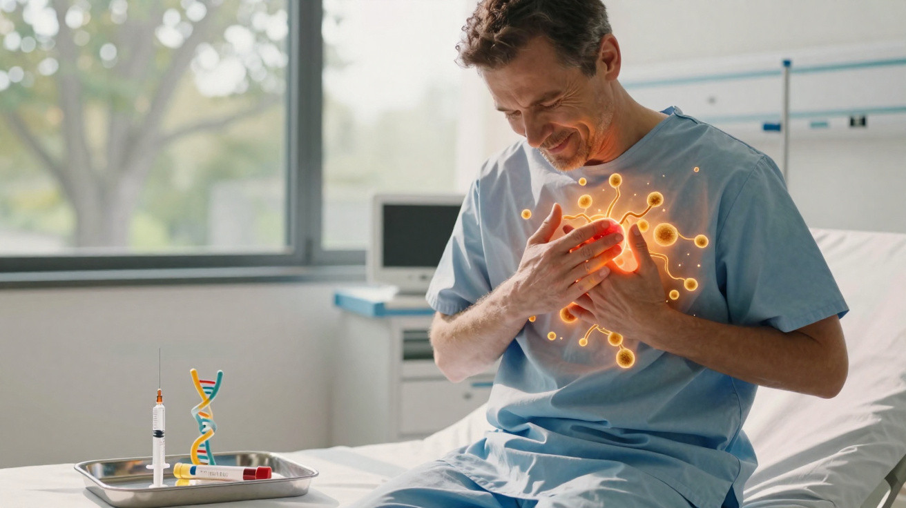 Homem em hospital com expressão de dor no peito e ilustração digital de vírus sobre o peito.