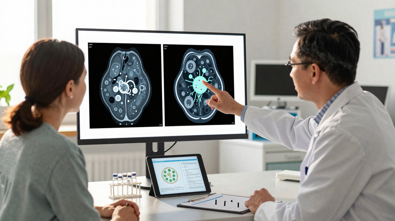 Médico explica resultados de exames cerebrais digitais a paciente numa consulta num consultório.