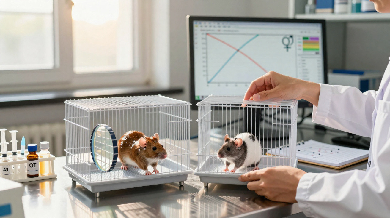 Dois ratos em gaiolas de laboratório sobre mesa com computador e equipamentos científicos ao fundo.