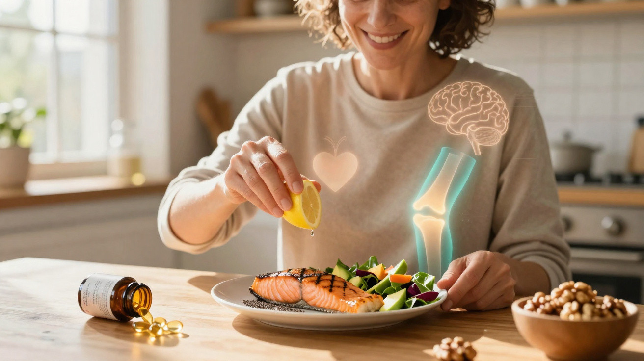 Mulher a espremer limão sobre salmão e salada, com ícones de cérebro, coração e ossos visíveis.