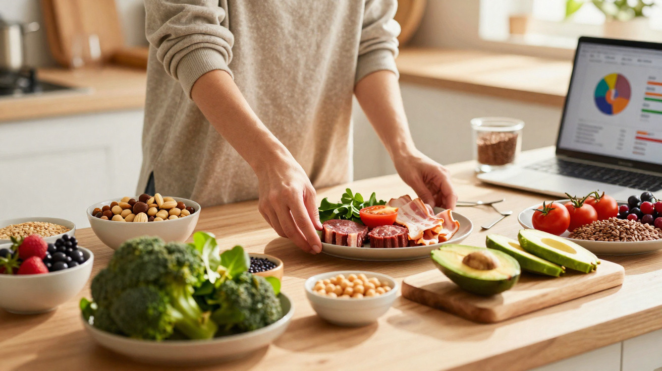 Pessoa a organizar alimentos variados como legumes, frutas, sementes e carne numa bancada de cozinha moderna.