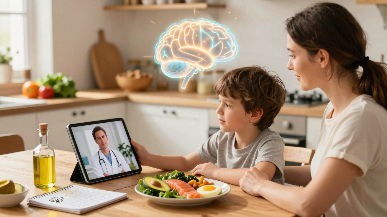 Criança e mãe fazem consulta online com médico, com prato saudável e cérebro digital ao fundo.