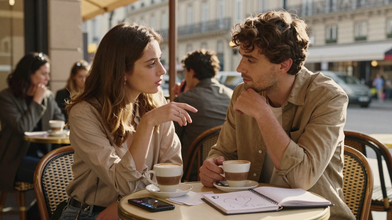 Casal conversa numa esplanada com café e caderno de desenhos à frente numa tarde soalheira.