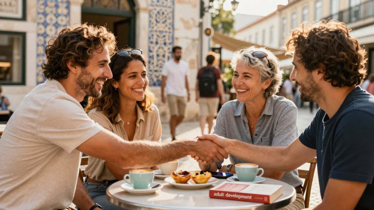 Grupo de quatro pessoas sorrindo, sentadas à mesa de café ao ar livre, com duas a cumprimentarem-se com aperto de mãos.