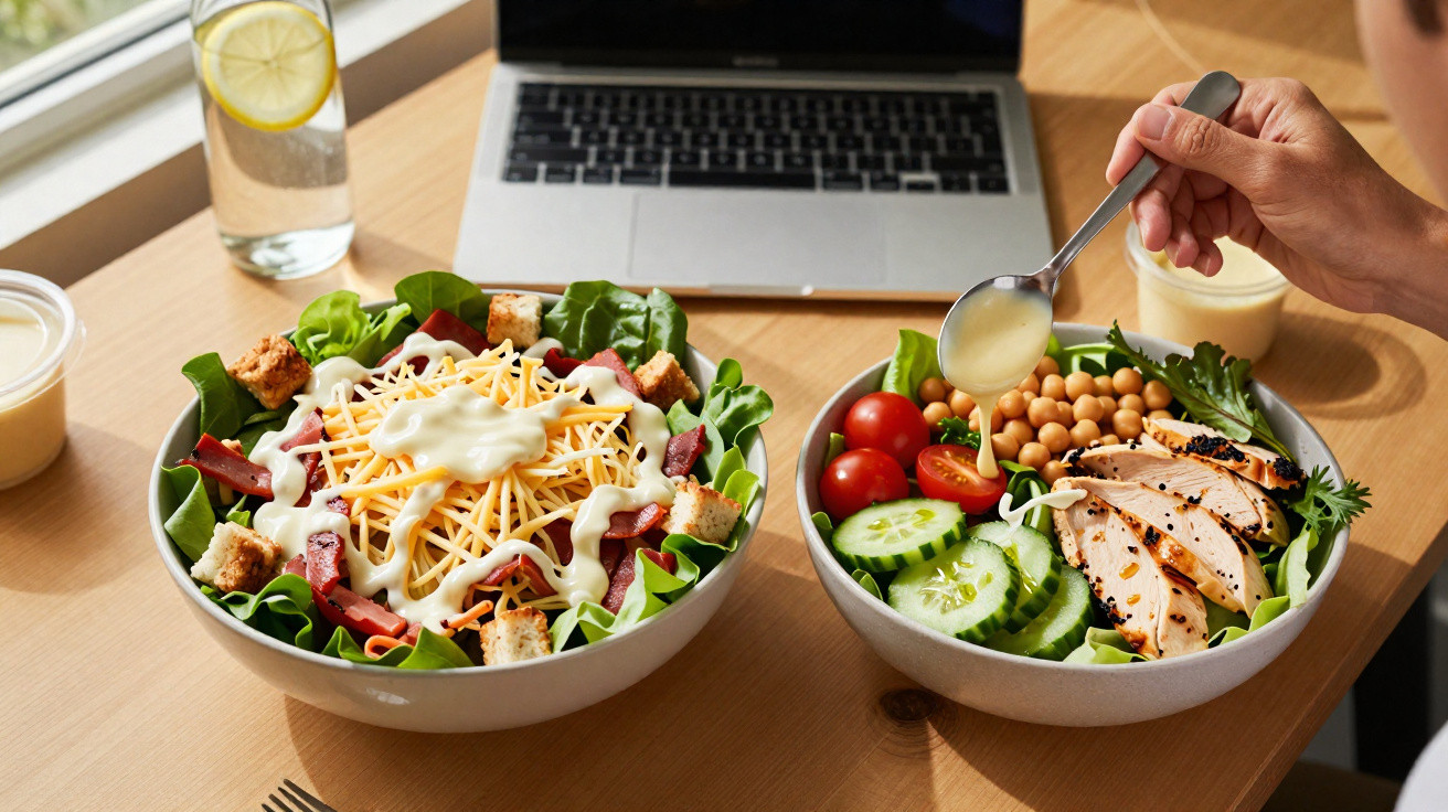 Duas taças de salada com legumes, queijo, grão-de-bico, frango grelhado e molho, junto a um portátil e copo de água.