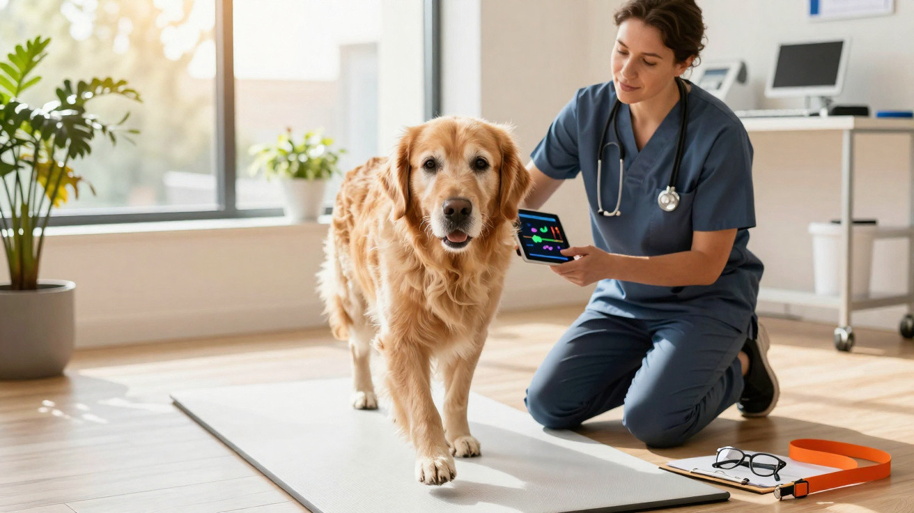Veterinária com estetoscópio examina cão golden retriever usando dispositivo digital num consultório iluminado.