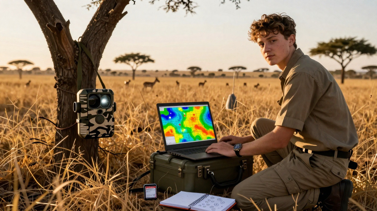 Jovem cientista analisa dados num laptop junto a armadilha fotográfica numa savana com veados ao fundo.