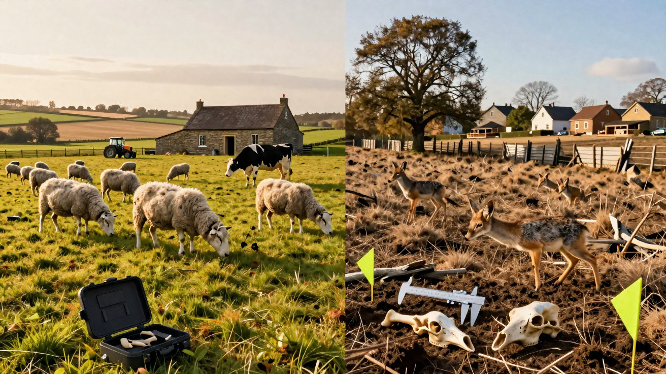 Pastagem com ovelhas e vaca junto a casa rural; campo aberto com veados jovens e crânios espalhados.