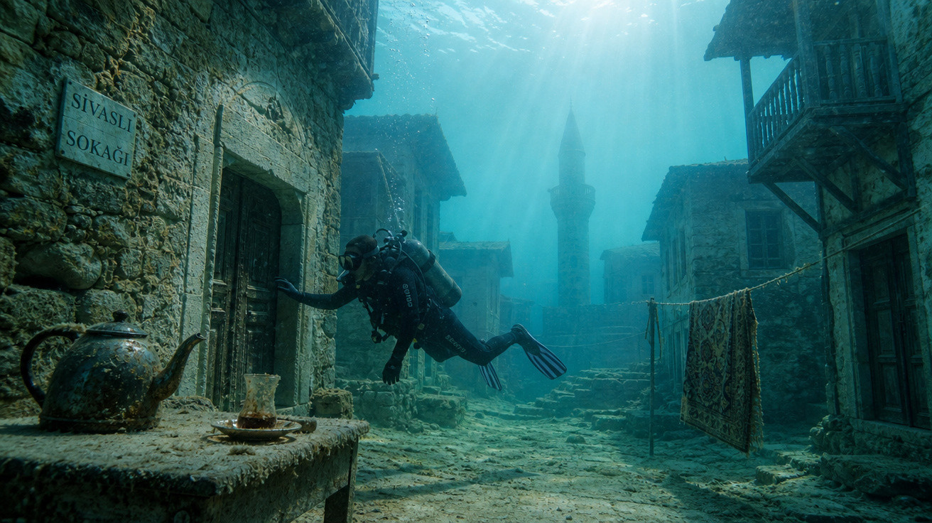 Mergulhador explora rua submersa com edifícios antigos, mesa com chá e tecto de água com raios de sol.