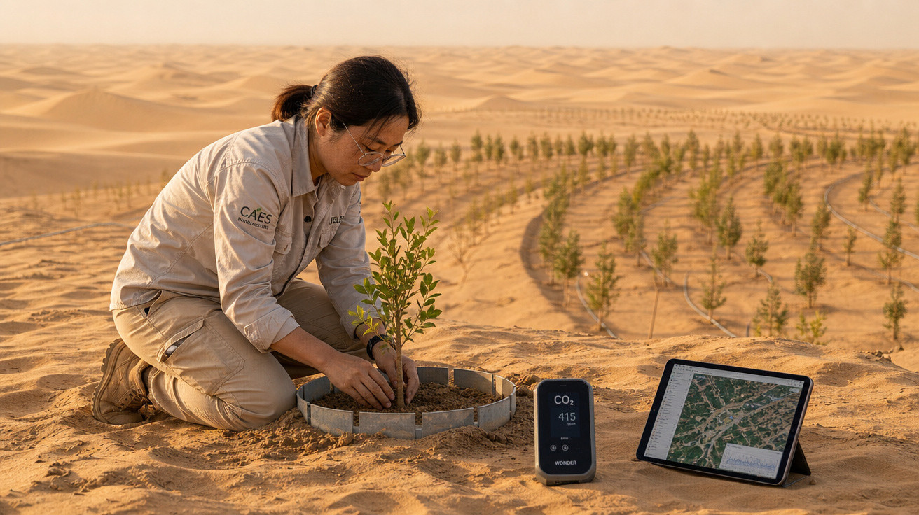 Mulher a plantar árvore no deserto, com monitor de CO2 e tablet com imagens aéreas ao lado.