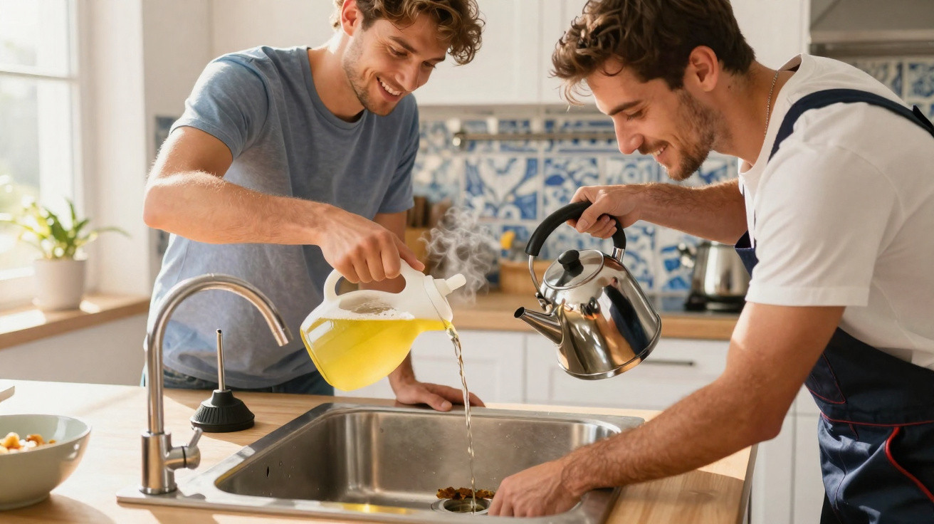 Dois homens felizes a despejar líquidos no lava-loiças numa cozinha bem iluminada.