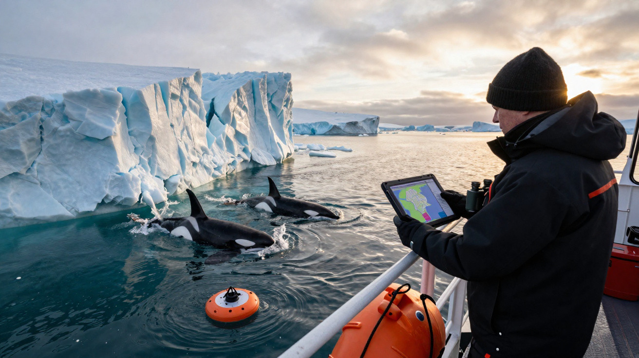 Pessoa a observar orcas junto a icebergues, usando tablet num barco em águas frias ao pôr do sol.