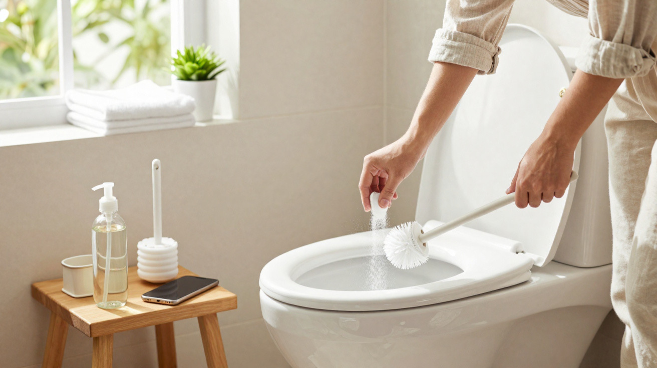 Pessoa a despejar produto de limpeza no vaso sanitário branco numa casa de banho iluminada.