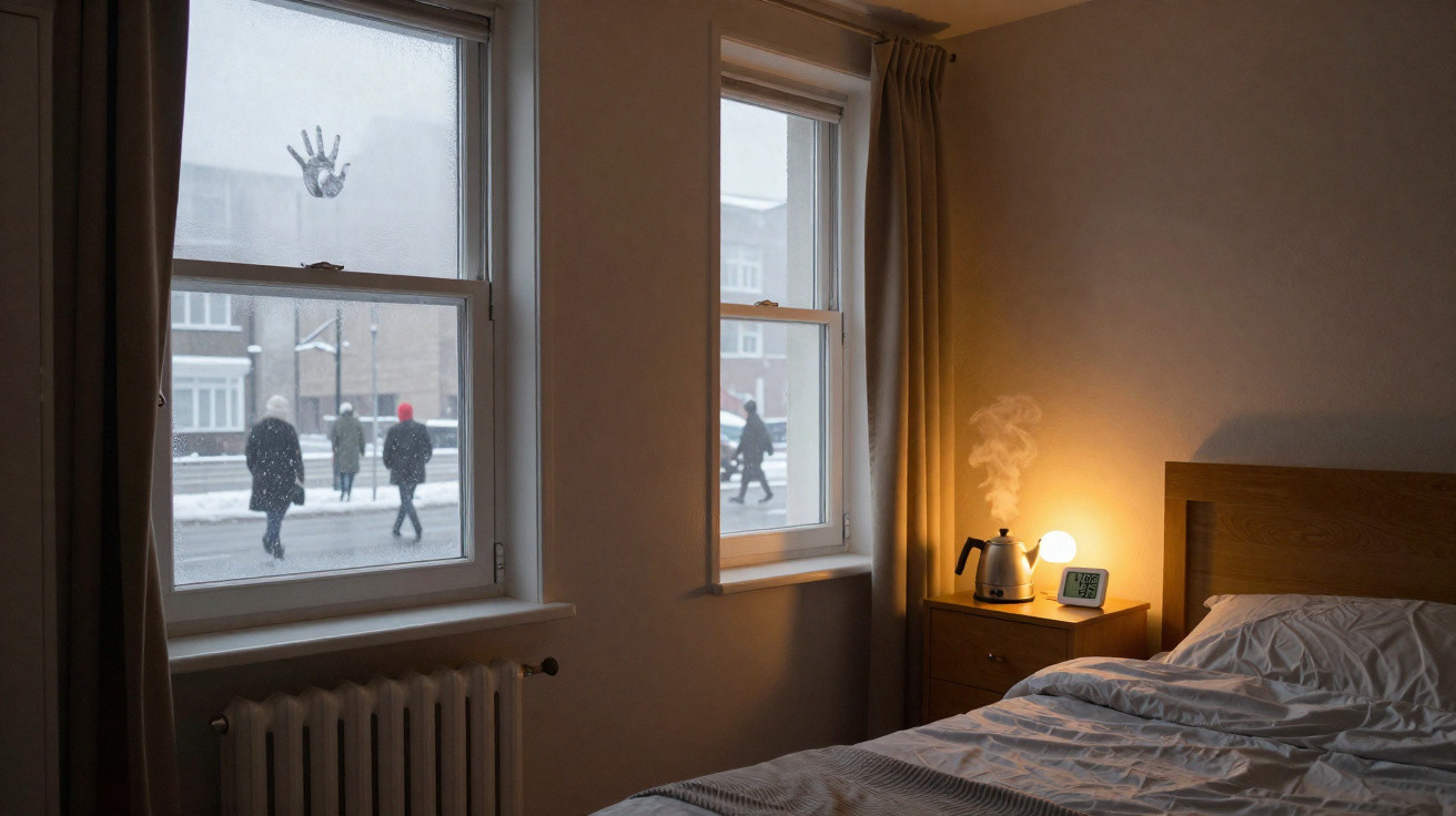 Quarto com cama, janela com mão estampada, luar e pessoas a andar na neve do lado de fora.