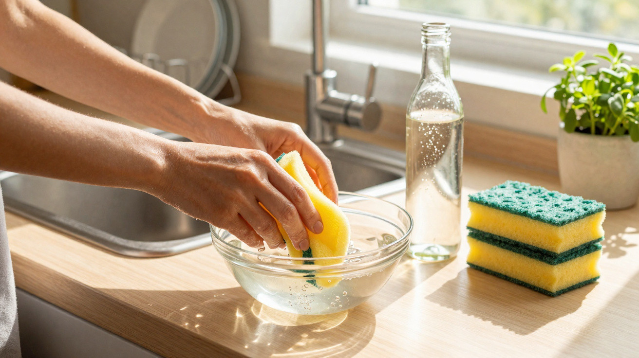 Mãos a espremer uma esponja amarela sobre uma tigela transparente numa cozinha iluminada.