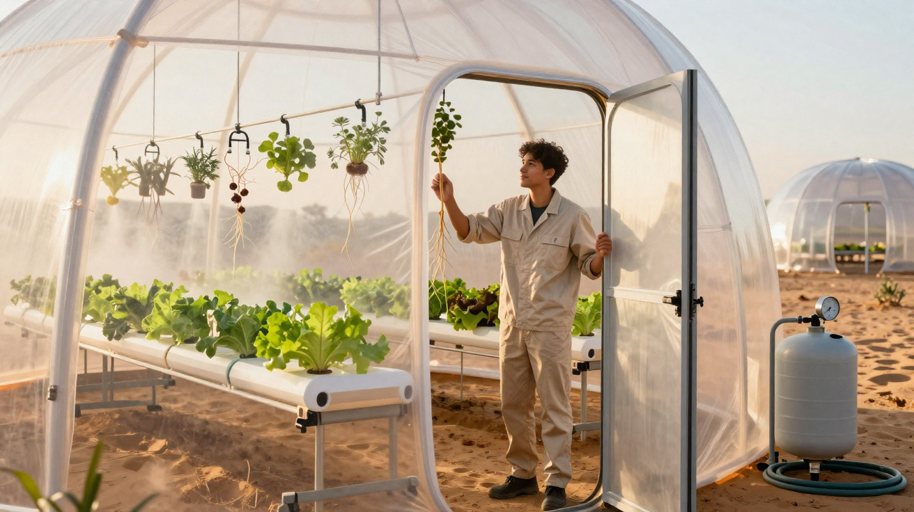 Jovem dentro de estufa transparente com plantas hidropónicas crescendo em ambiente desértico ao pôr do sol.