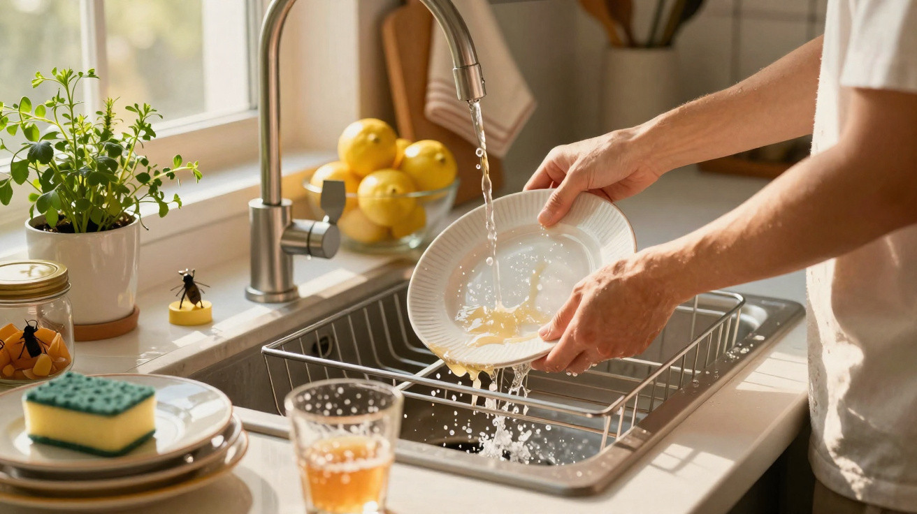 Pessoa a lavar um prato branco numa bancada de cozinha com luz natural a entrar pela janela.