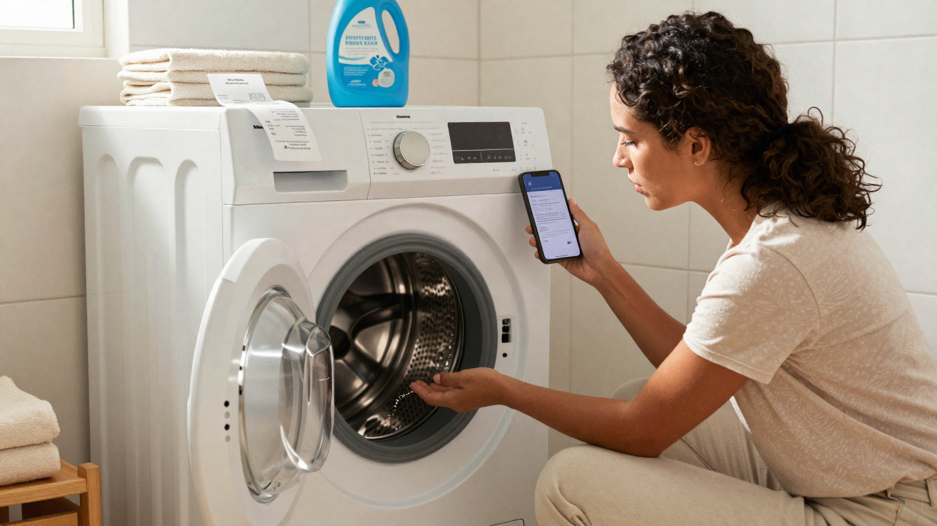 Mulher a verificar ciclo de lavagem na máquina de roupa com smartphone numa lavandaria doméstica.