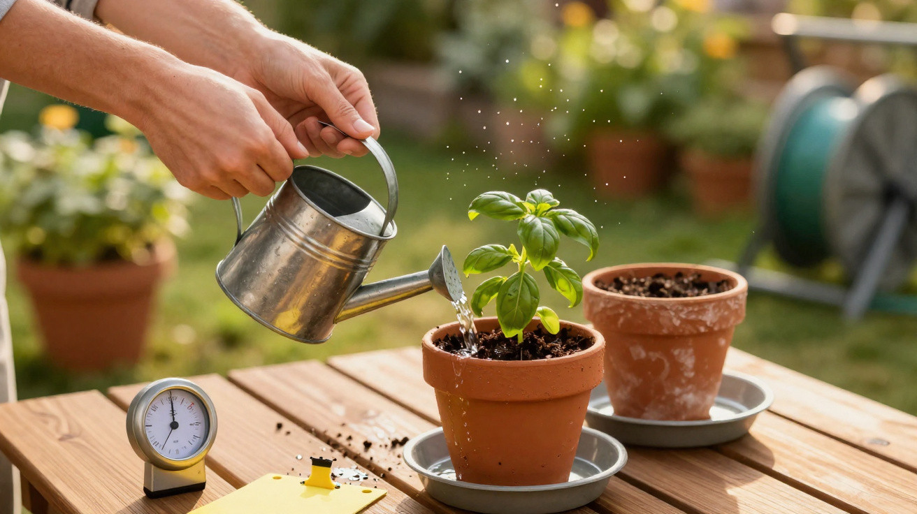 Mãos a regar planta em vaso de barro numa mesa de madeira num jardim ao ar livre.