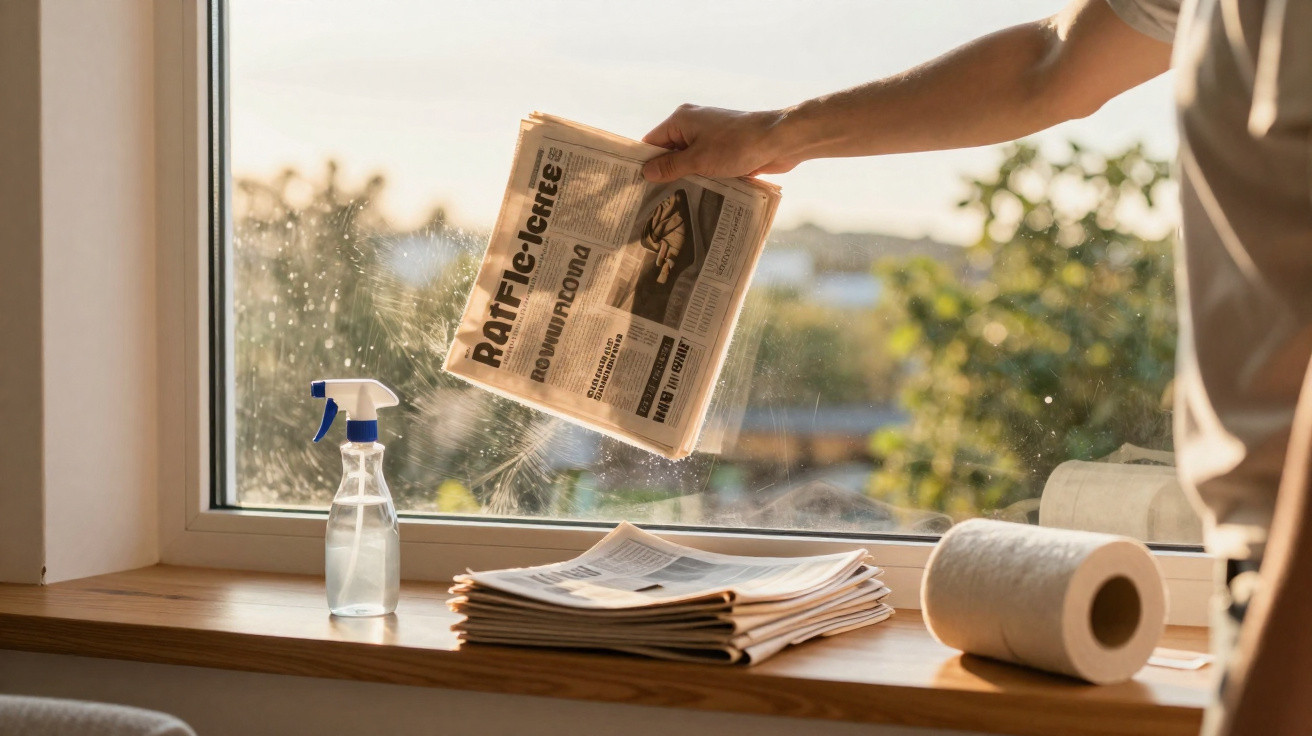 Pessoa a limpar janela com jornal, spray e papel de cozinha num parapeito iluminado pelo sol.