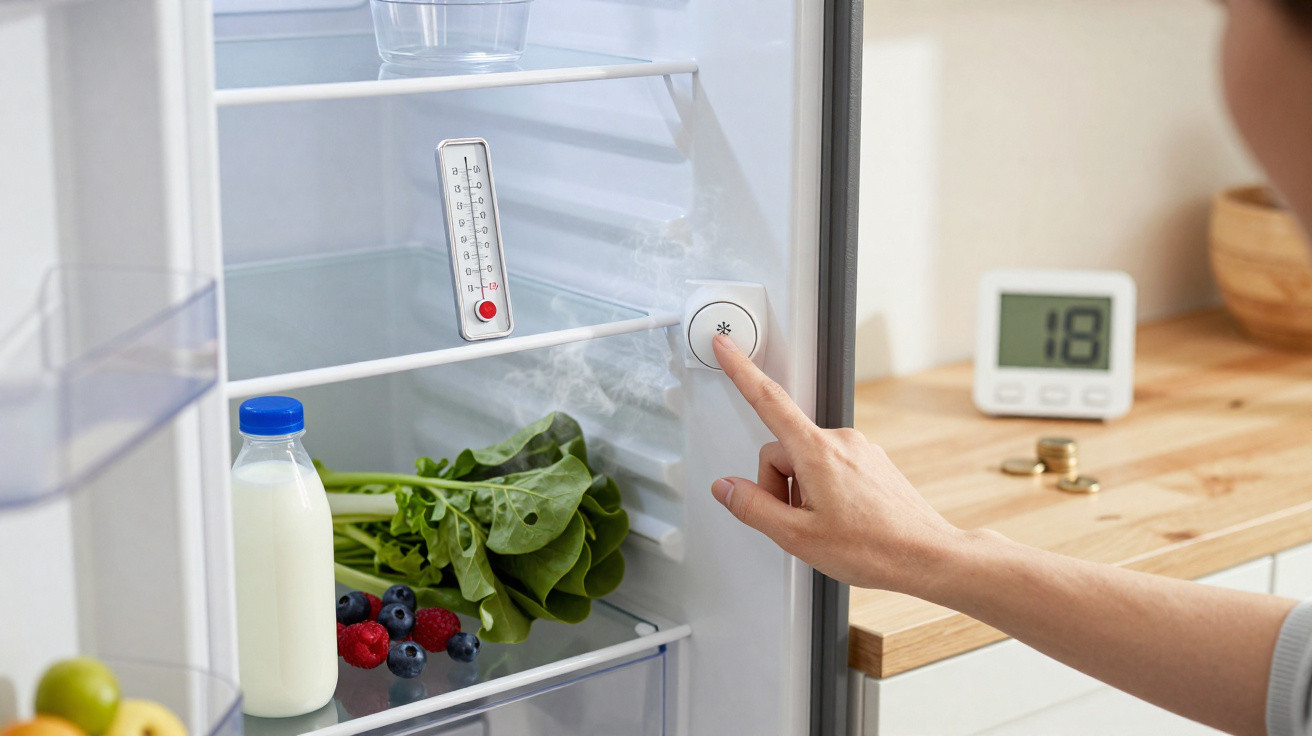 Mão a pressionar botão para ativar função de refrigeração numa frigorífico aberto com alimentos dentro.