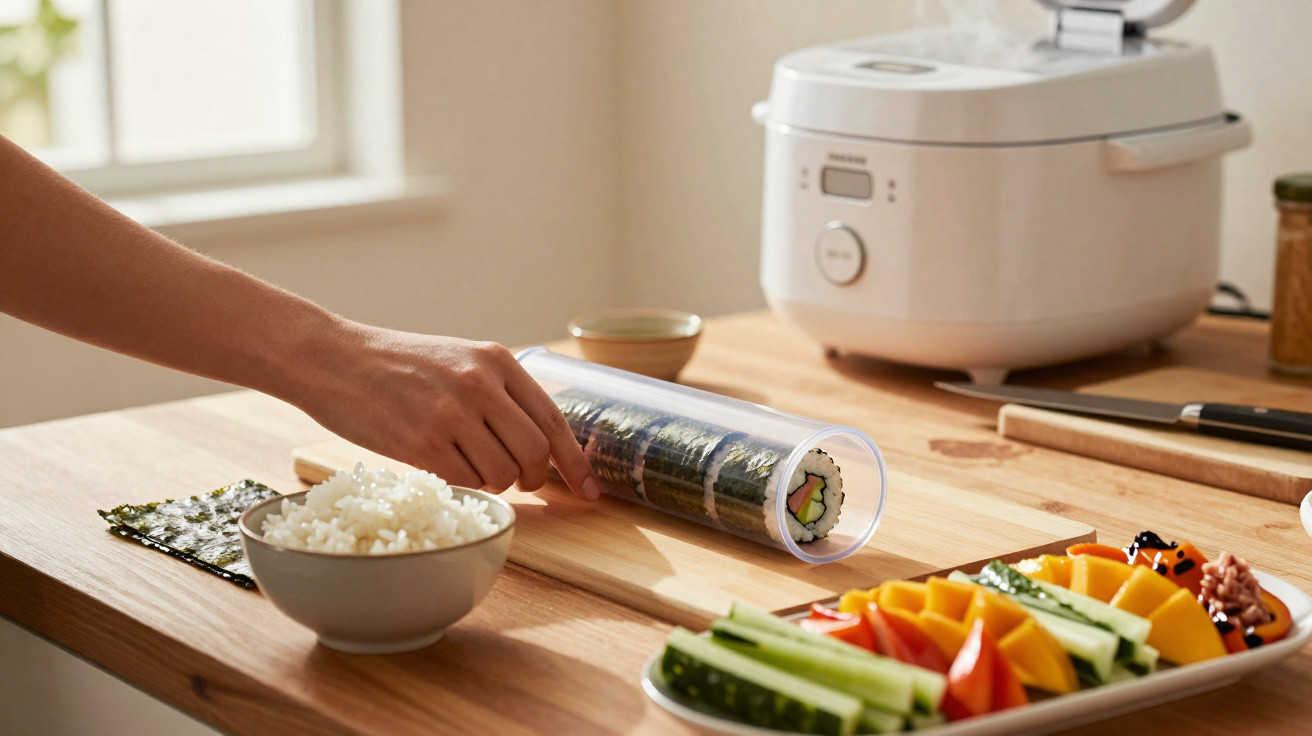 Pessoa a enrolar sushi numa esteira plástica transparente numa cozinha com arroz e legumes frescos à volta.
