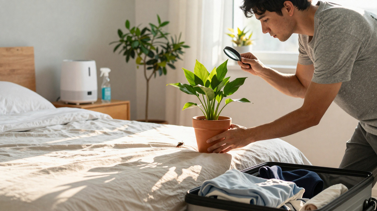 Homem de camisa cinza usa lupa para observar inseto numa cama com vaso de planta ao lado e mala aberta.