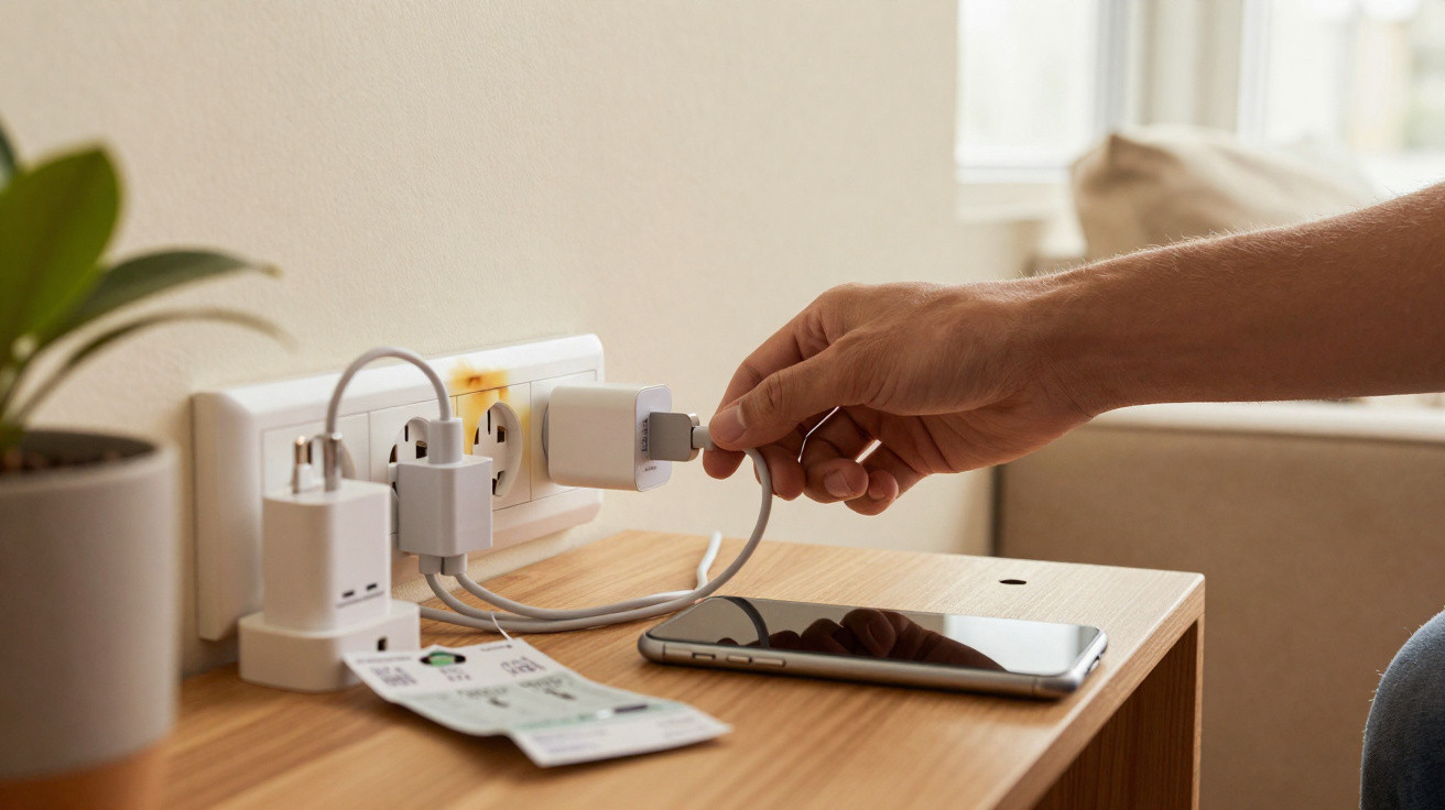 Mão a ligar um cabo USB a um carregador na tomada, com telemóvel e bilhetes sobre uma mesa de madeira.