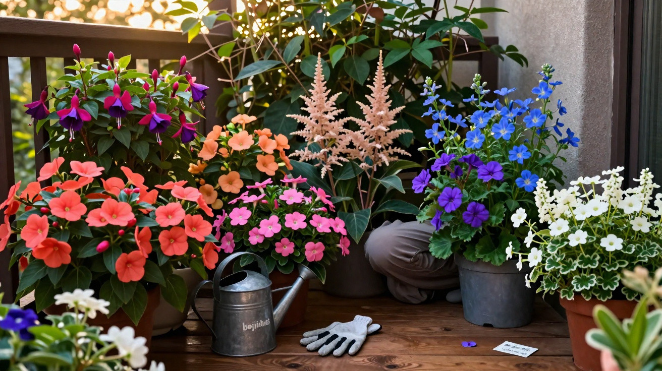 Varanda com várias flores coloridas, regador metálico e luvas de jardinagem no chão de madeira.