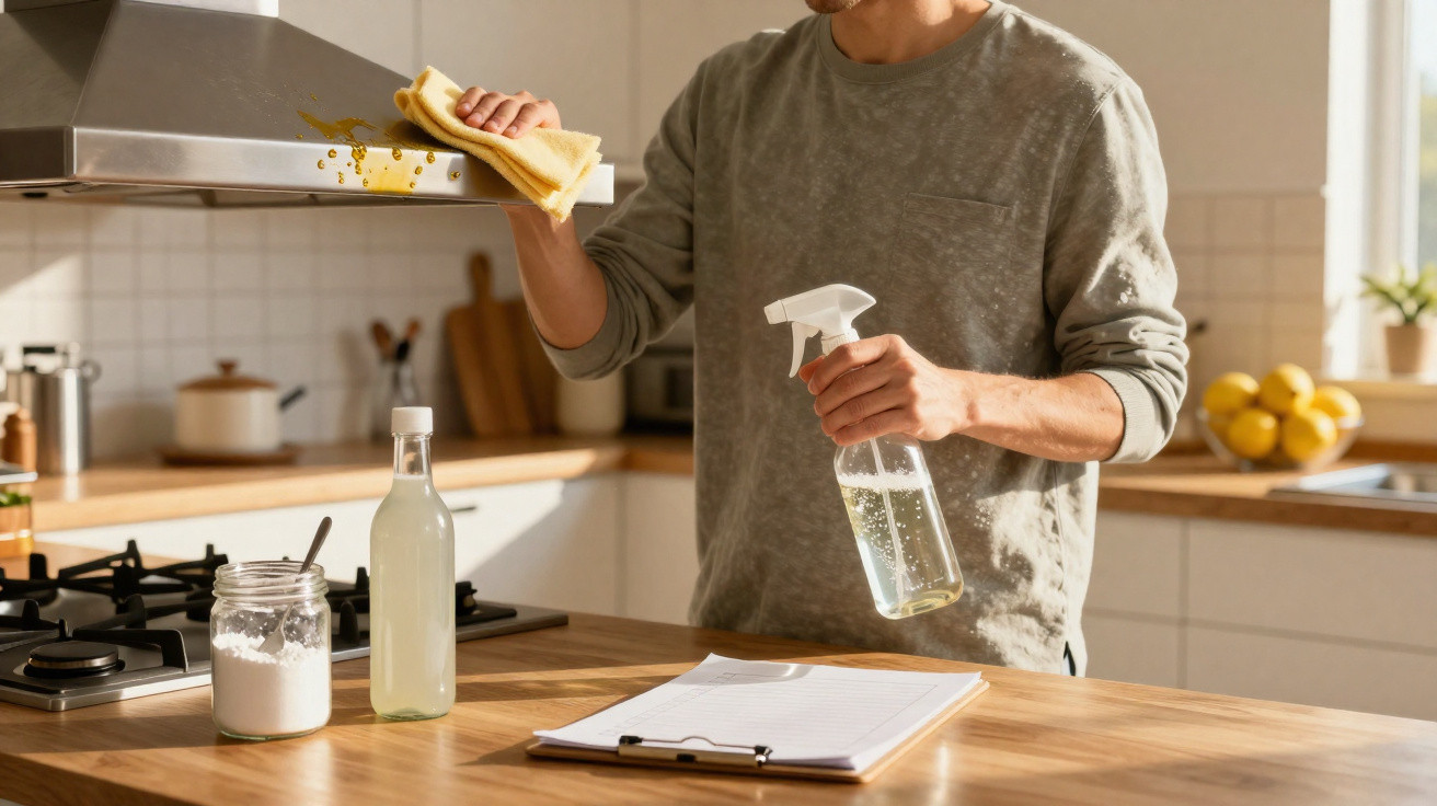 Pessoa a limpar a cozinha com produto de limpeza e pano amarelo, com bancada e utensílios à vista.