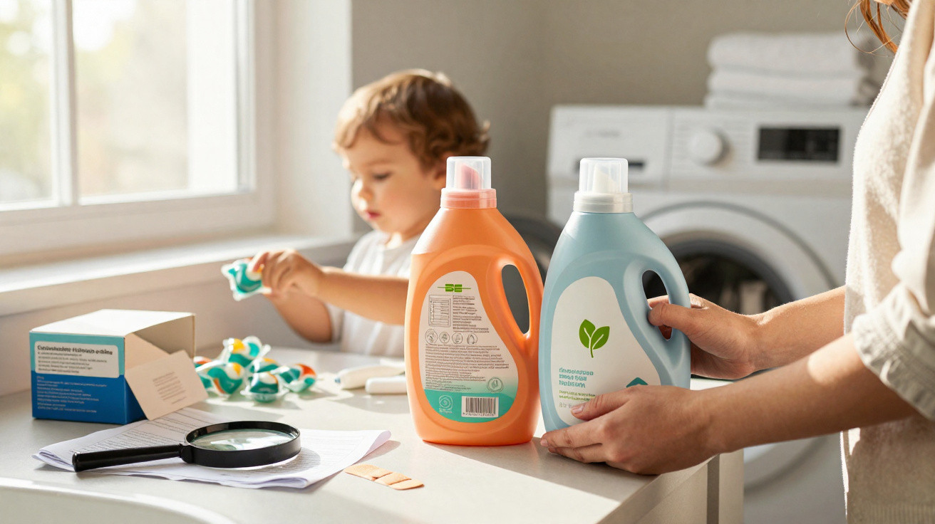 Criança a brincar com brinquedos no fundo e adulto a segurar detergentes para roupa numa lavandaria.
