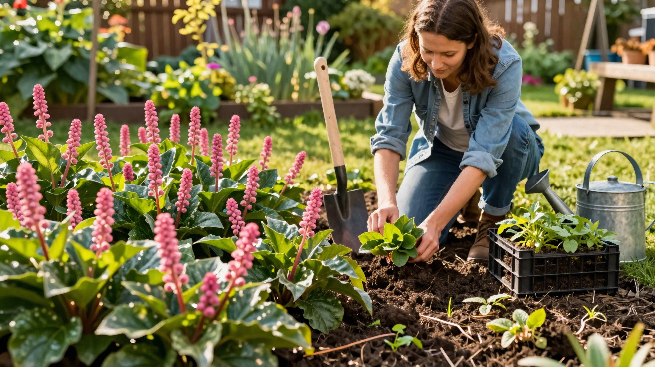 Mulher a plantar flores num jardim com plantas e ferramentas de jardinagem ao redor.