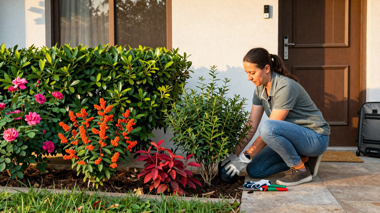 Mulher a cuidar de plantas floridas perto da porta de casa ao entardecer.